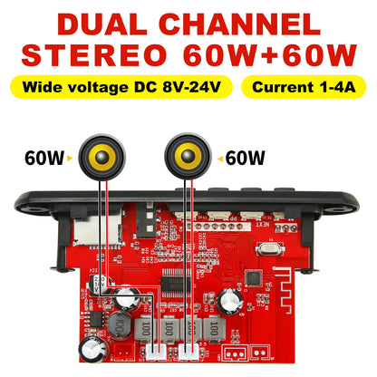 60W 50W  Amplifier Bluetooth 5.0 DIY MP3 WAV Decoder Board DC 12V Wireless Car USB MP3 Player TF Card Slot USB FM with Mic