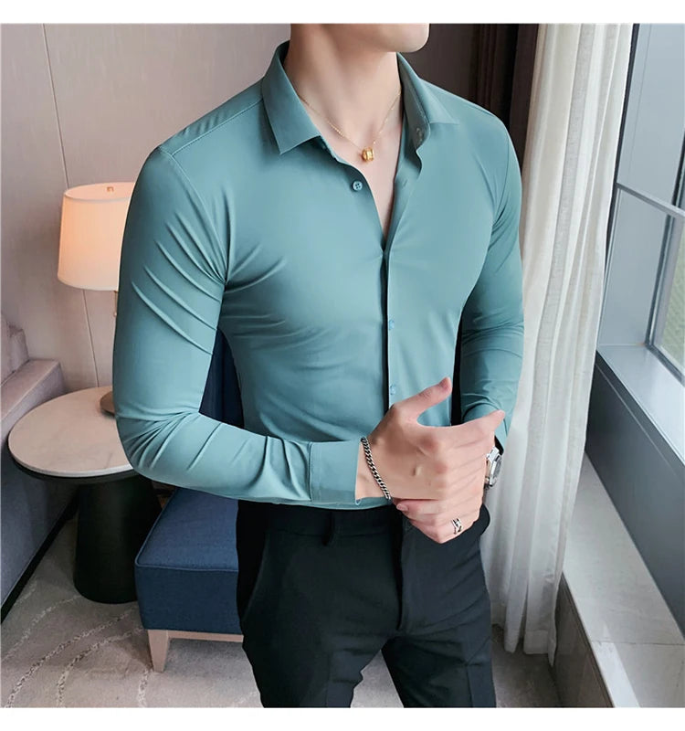 Plus Size 4XL-M High Elasticity Seamless Shirts Men Long Sleeve Top Quality Slim Casual Luxury Shirt Social Formal Dress Shirts