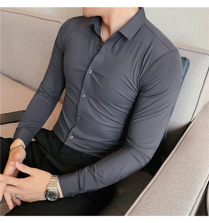 Plus Size 4XL-M High Elasticity Seamless Shirts Men Long Sleeve Top Quality Slim Casual Luxury Shirt Social Formal Dress Shirts