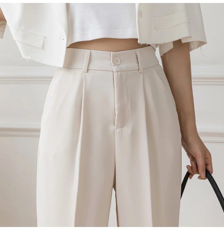 Casual Women Suit Pants 2023 Summer Fashion High Waist Black Harem Pants Female Korean Style Pocket Thin Nine Point Trousers