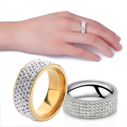 8mm Wide Five Rows Full Rhinestone Shiny Rings Stainless Steel Gold Silver Color Ring For Women Men Hiphop Fashion Party Jewelry