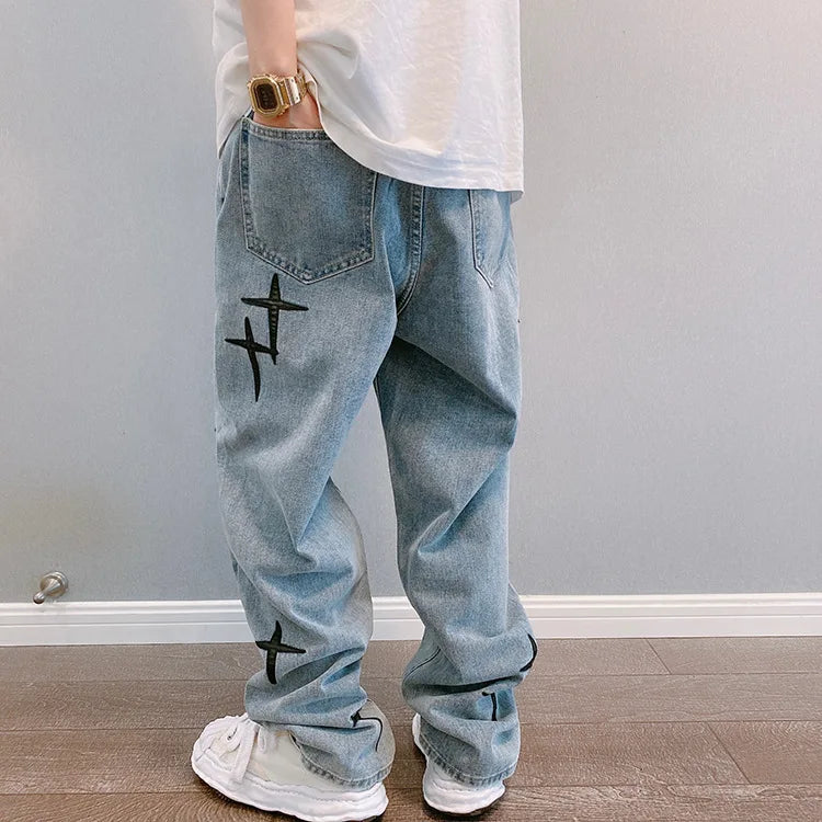 Prints Jeans Men 2023 New Streetwear Baggy Wide Leg Jeans Korean Fashion Drapes Straight Casual Loose Denim Cargo Pants