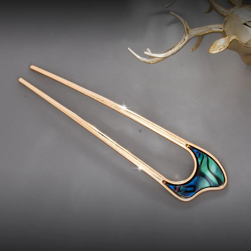 Fashion Luxury Silver Gold Color Elegant Shell Enamel Hairpin for Women Metal U Shape Hair Stick Hairwear Accessories Jewelry