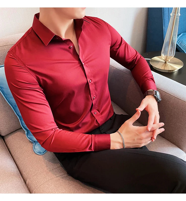 10Color High Quality Solid Dress Shirt Men Simple Long Sleeve Slim Fit Business Shirts Homme Social Casual Shirt Plus Size 5XL-M