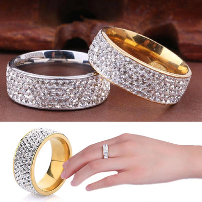 8mm Wide Five Rows Full Rhinestone Shiny Rings Stainless Steel Gold Silver Color Ring For Women Men Hiphop Fashion Party Jewelry