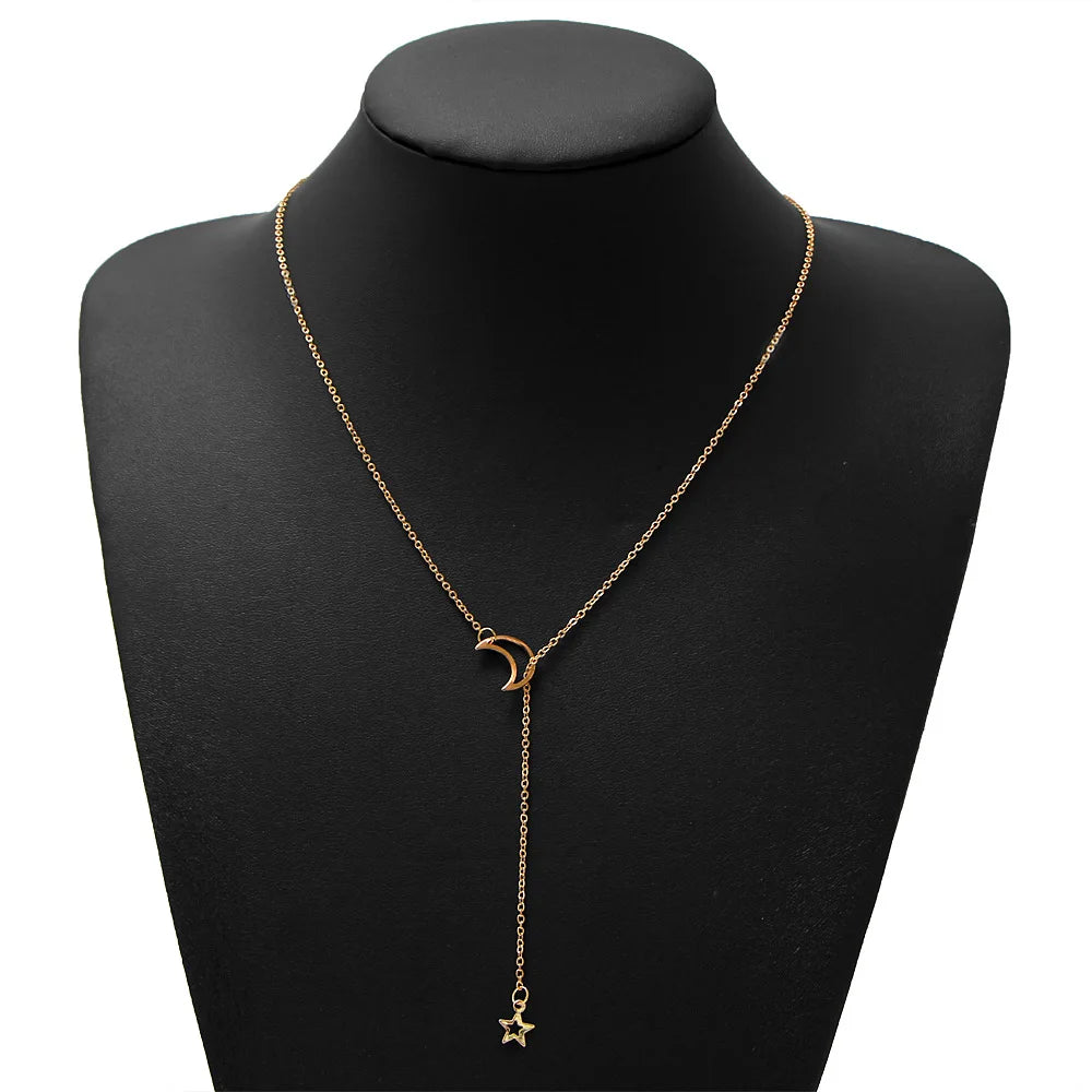 New Simple Moon Star Pendant Choker Necklace Simple Gold Color Alloy Charm Chain Collares Necklace For Women Party Jewelry