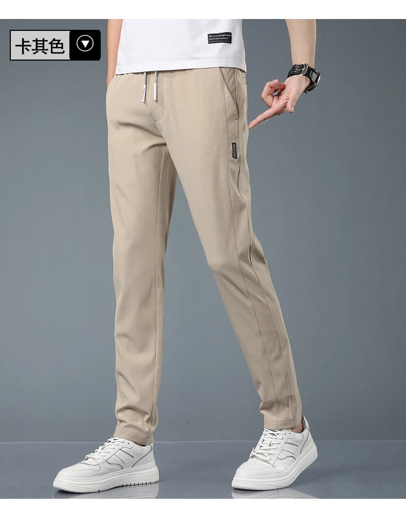 KUBRO Ice Silk Men's Pants 2023 Summer  Black Gray Thin Business Casual Pants Outdoor Elastic Breathable Straight Leg Sweatpants