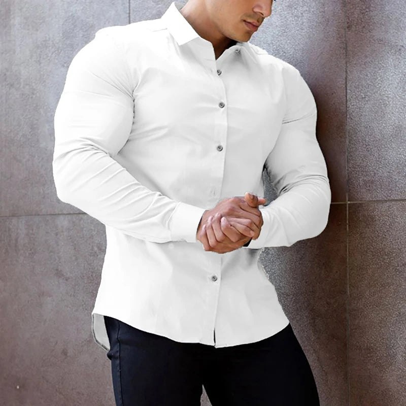 Autumn Fashion Casual long Sleeve Shirt Men Super Slim Social Business Dress Shirt Solid Undershirt Mens Fitness Sports Clothing