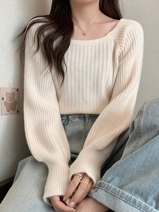 Autumn Winter Loose Women Sweaters Casual Soft Long Puff Sleeve Pullovers Jumpers Knitwear Basic Sweater For Women Tops