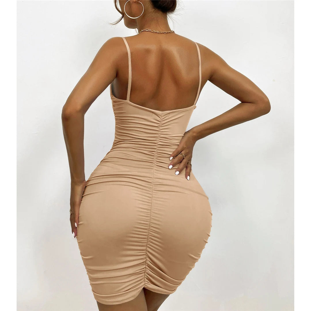 6 Color Sexy Wrinkled Pleated V Neck Sling Dress Short Club Ladies 2024 Summer Bodycon Dress Evening Party Tight Mini Dress D007