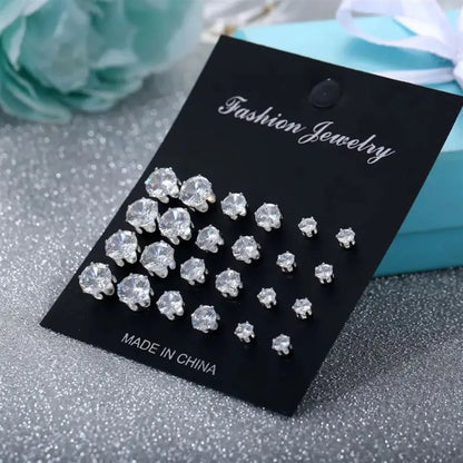 12 Pair/Lot White Shiny Wedding Stud Earrings Set for Women Men Cubic zircon Jewelry Accessories Minimalist Earring Jewelry Gift