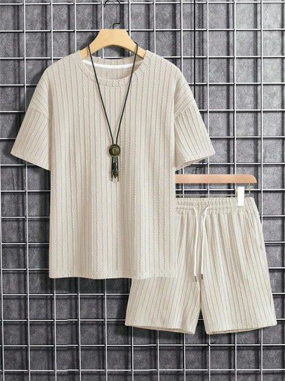 Men's Two Piece Suits Fashion Solid Stripe Short-sleeve T-shirts Shorts Men Spring Summer Clothing Casual Gym Sets Streetwear