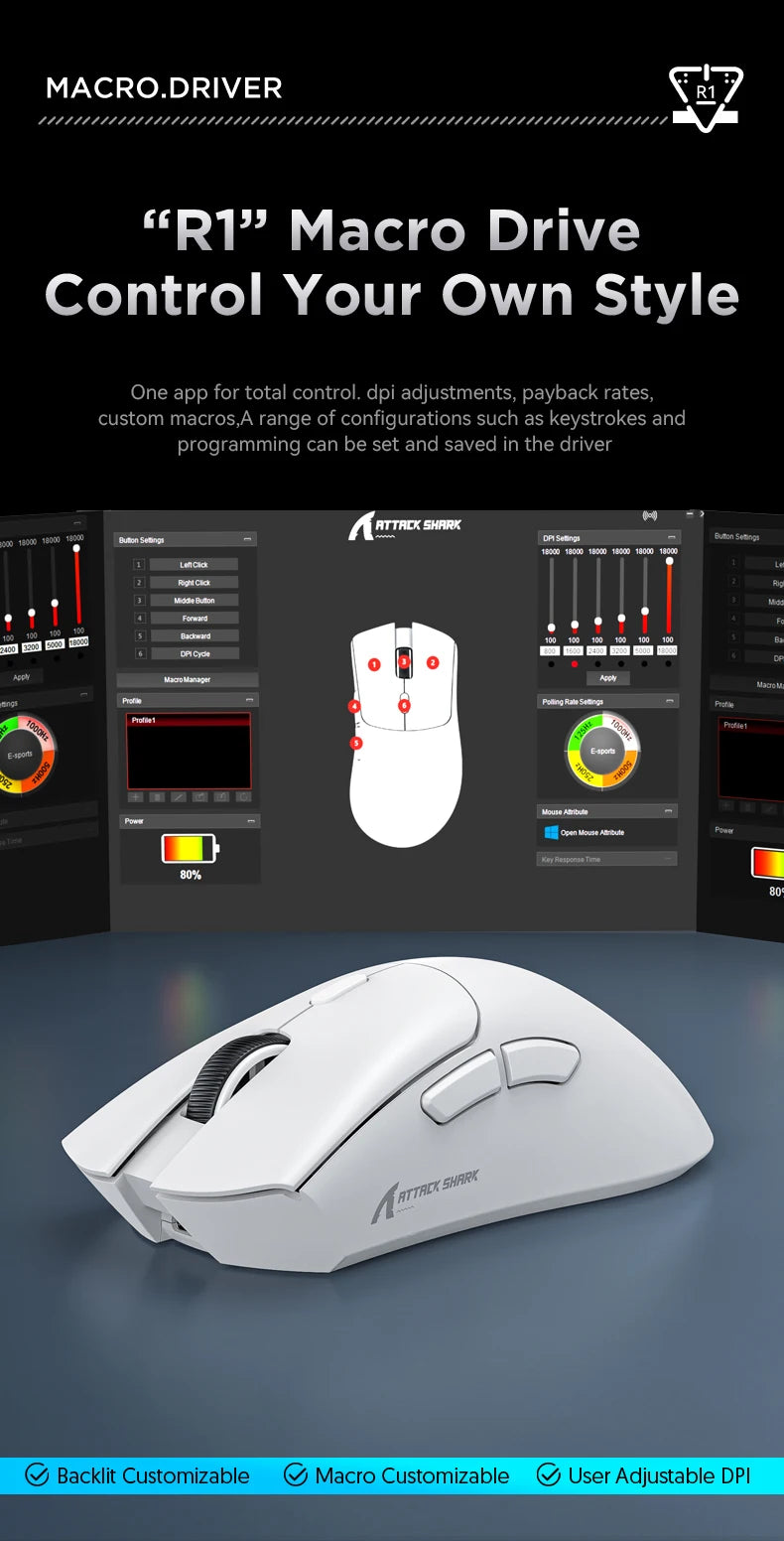 R1 Superlight Mouse Bluetooth 2.4G Wireless Gaming Mouse PixArt PAW3311 Gaming Sensor 6 Adjustable DPI for Office Game