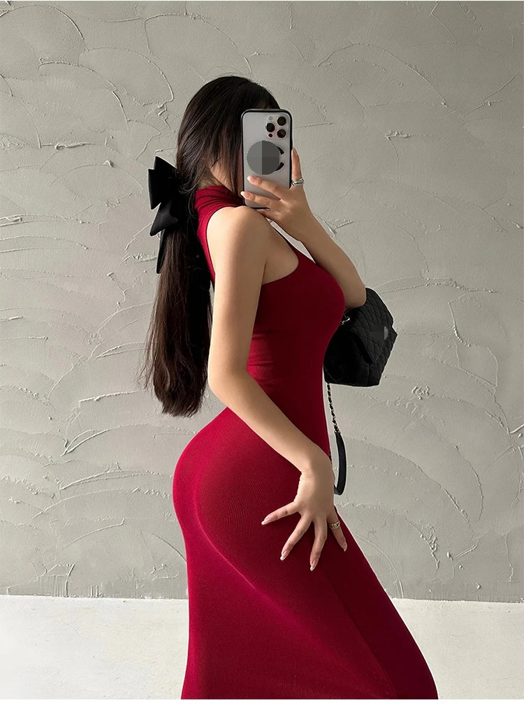 Red Skinny Sexy Turtleneck Midi Dress Women Evening Party Ladies Elastic Hip Wrap Elegant Bodycon Dresses Y2k Clothing