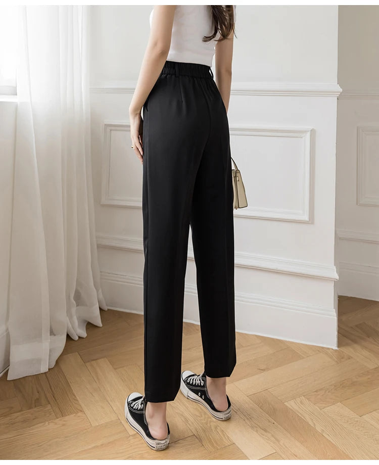 Casual Women Suit Pants 2023 Summer Fashion High Waist Black Harem Pants Female Korean Style Pocket Thin Nine Point Trousers