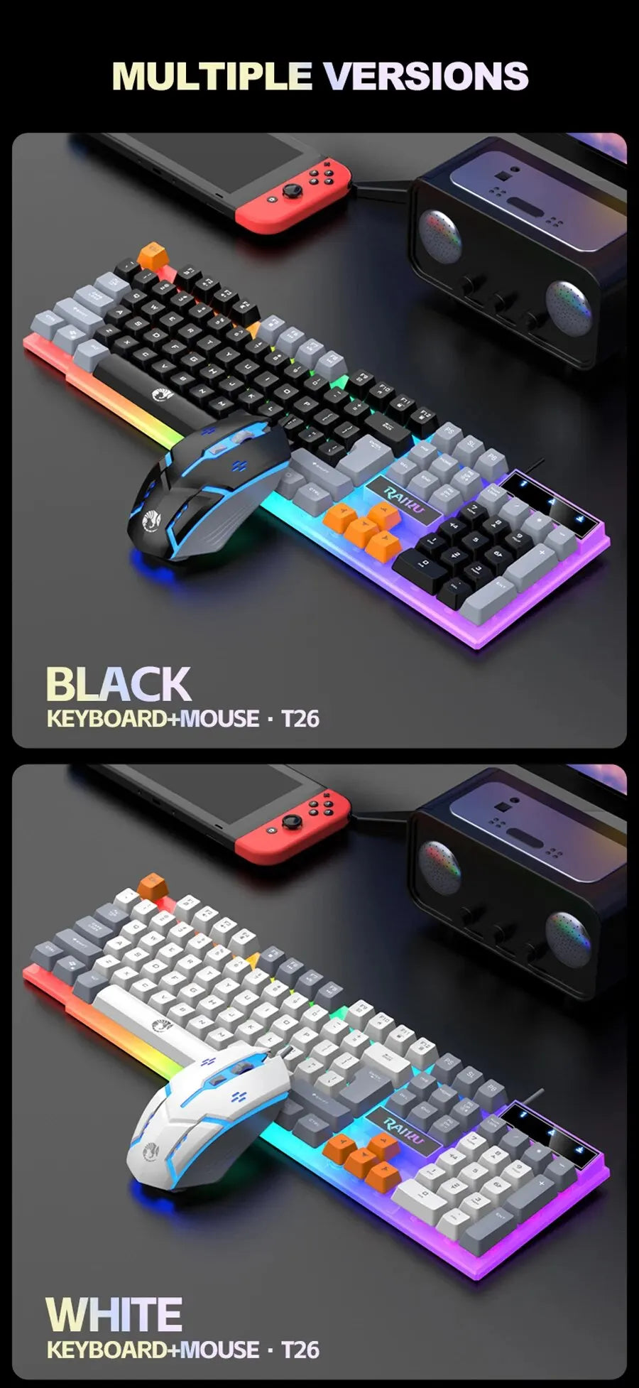 RAIKU T26 Wired 104 Keys Membrane Keyboard And Mouse Suit Kinds of Colorful Lighting Gaming and Office For Windows and IOS