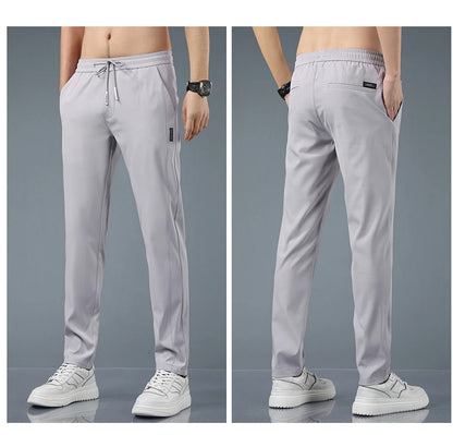 KUBRO Ice Silk Men's Pants 2023 Summer  Black Gray Thin Business Casual Pants Outdoor Elastic Breathable Straight Leg Sweatpants