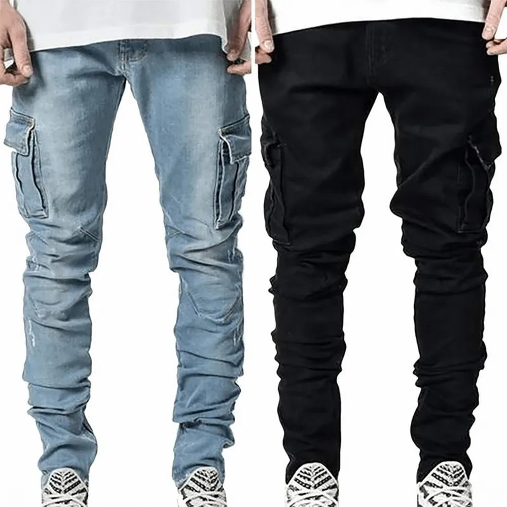 Calça Jeans Elástica de Rua Masculina Calça Cargo Jeans Lavagem Cor Sólida Multi Bolsos Casual Cintura Média Calças Slim Fit Uso Diário Joggers