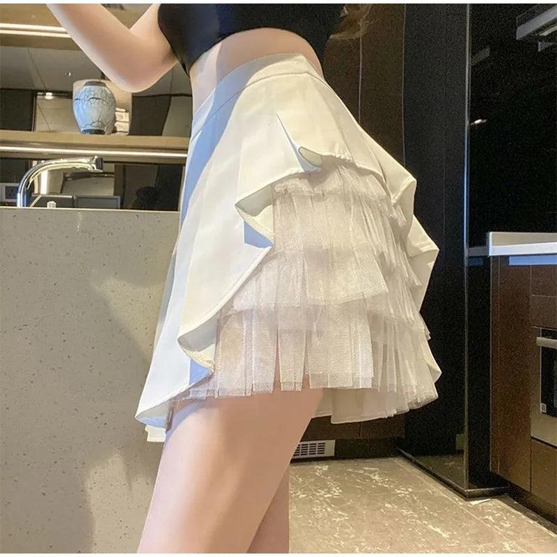 Elegant White Ruffled High Waist Mini Skirt For Women Fashion Casual Pleated Fluffy A-line Skirts Summer Lady Party Casual Skirt