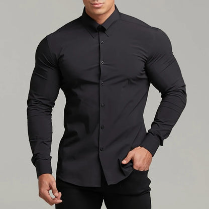 Autumn Fashion Casual long Sleeve Shirt Men Super Slim Social Business Dress Shirt Solid Undershirt Mens Fitness Sports Clothing