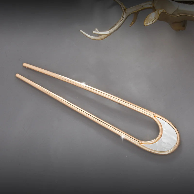 Fashion Luxury Silver Gold Color Elegant Shell Enamel Hairpin for Women Metal U Shape Hair Stick Hairwear Accessories Jewelry