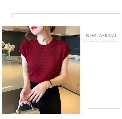 2024 Summer Womens Sweater Short Sleeve O-neck Slim Fit Knitted Pullovers Bottoming Casual Knitwear Pink Clothes