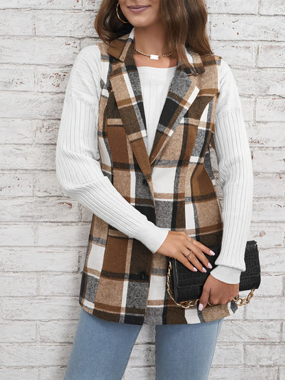 Europe America Hot selling women's elegant commuting lapel single breasted multicolored plaid spring and autumn vest