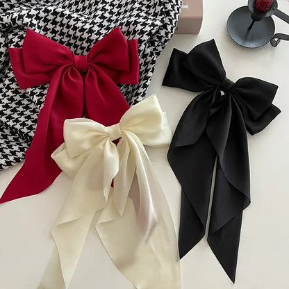 Korean Accessories Hair Clips for Women Girls Big Bowknot Solid Satin Long Ribbon Bows Spring Clamp Barette Cheveux Femme 2023