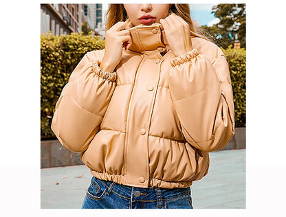 Jocoo Jolee Winter Thick Warm Cropped Puffer Jacket Women Black PU Leather Parkas Elegant Zipper Coat Cotton Padded Punk Outwear