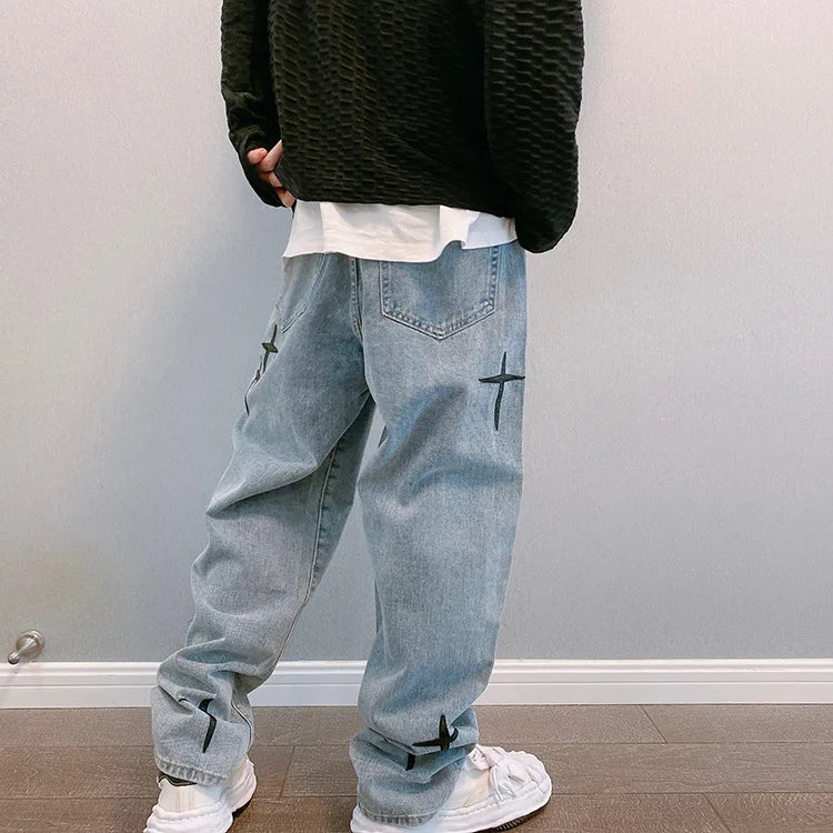 Prints Jeans Men 2023 New Streetwear Baggy Wide Leg Jeans Korean Fashion Drapes Straight Casual Loose Denim Cargo Pants