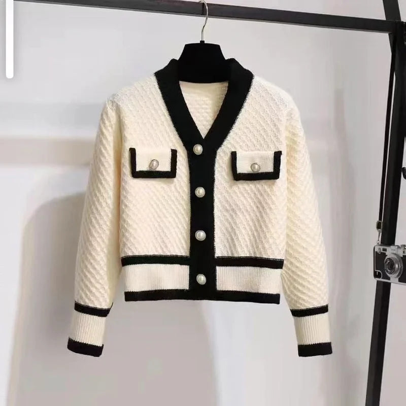 Autumn And Winter Color-blocking Knitted Top Women Cardigan Long-sleeved V-neck Short 2023 New Coat Fashion All-match Top