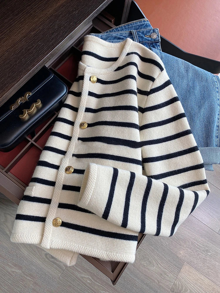 Women Spring Autumn Sweaters O-neck Stripe Knitted Cardigan Fashion Long Sleeve Casual Short Tops Korean Style New 2024