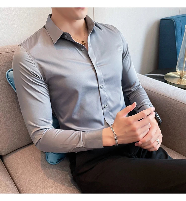 10Color High Quality Solid Dress Shirt Men Simple Long Sleeve Slim Fit Business Shirts Homme Social Casual Shirt Plus Size 5XL-M