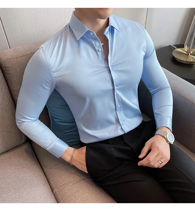 10Color High Quality Solid Dress Shirt Men Simple Long Sleeve Slim Fit Business Shirts Homme Social Casual Shirt Plus Size 5XL-M