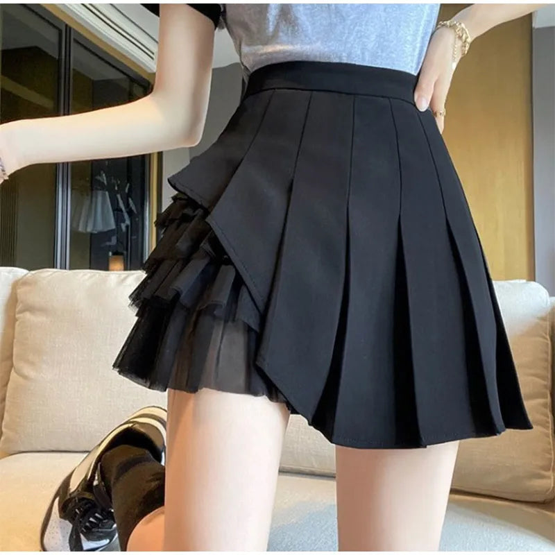 Elegant White Ruffled High Waist Mini Skirt For Women Fashion Casual Pleated Fluffy A-line Skirts Summer Lady Party Casual Skirt