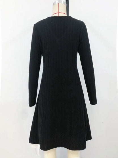 Fashion Solid Ribbed Knitted Mini Dress Women Button Long Sleeve A Line Dresses 2023 Autumn Lady Streetwear Robe