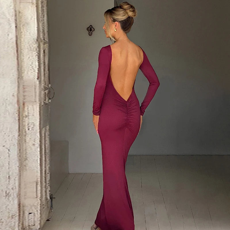 Hugcitar Spring Elegant Long Sleeve Backless Solid Cuched Sexy Bodycon Maxi Prom Dress Women Outfit Evening Party Festival Y2K