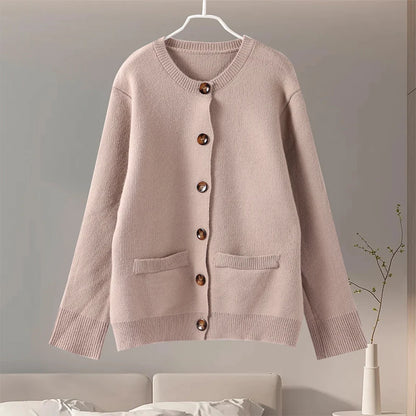 Casual Knit Single Breasted Cardigan Women Long Flare Sleeve Slim Round Neck Solid Pocket Jacket Top 2024 Autumn Lady Knitwear ﻿