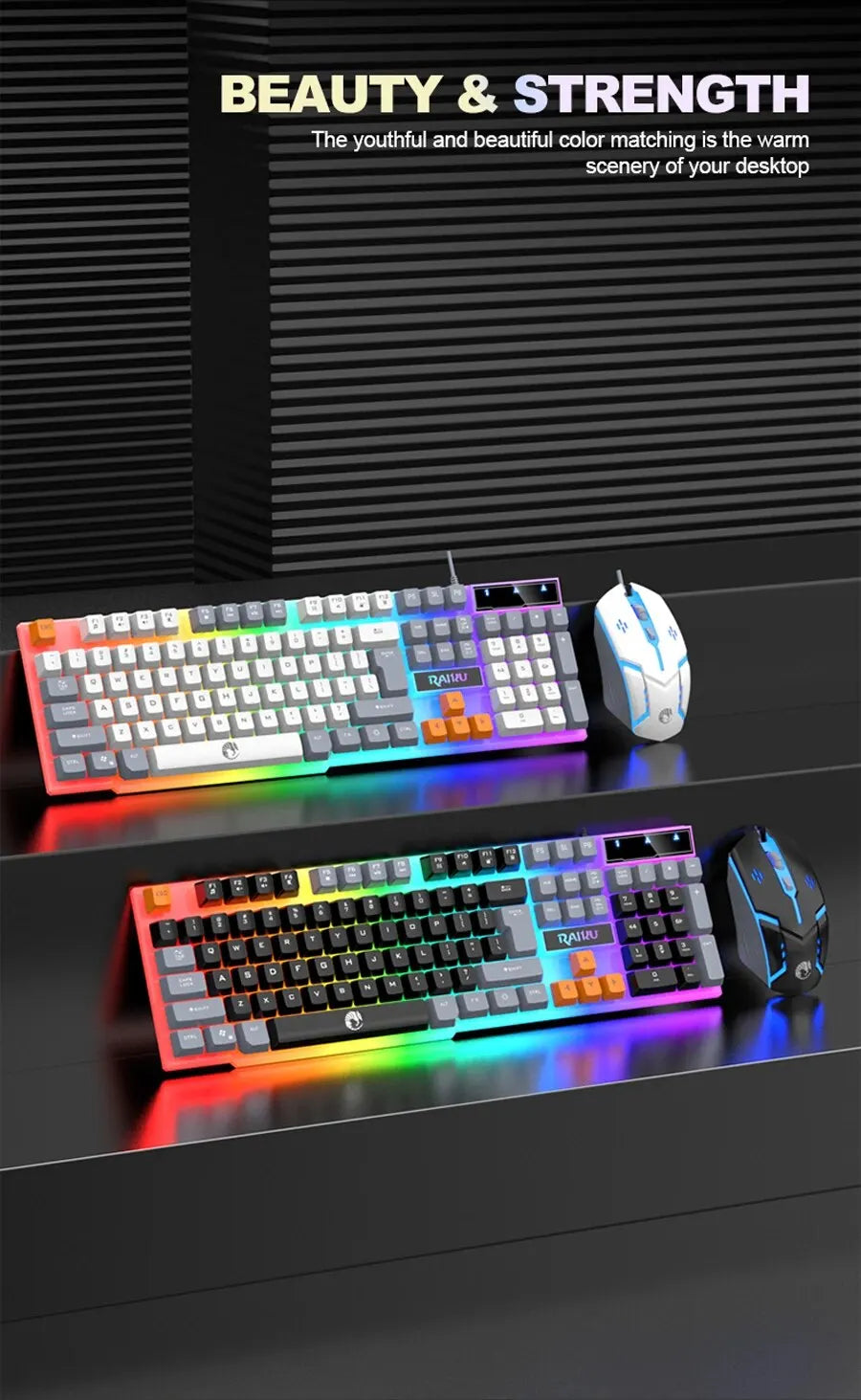 RAIKU T26 Wired 104 Keys Membrane Keyboard And Mouse Suit Kinds of Colorful Lighting Gaming and Office For Windows and IOS