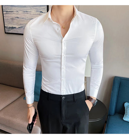 10Color High Quality Solid Dress Shirt Men Simple Long Sleeve Slim Fit Business Shirts Homme Social Casual Shirt Plus Size 5XL-M