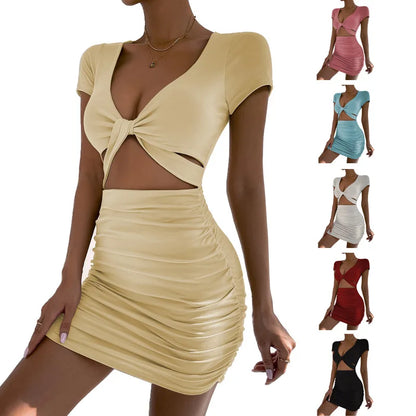 Y2k2024 Summer New Short sleeved Sexy V-neck Open Waist Hollow Wrapped Hip Dress