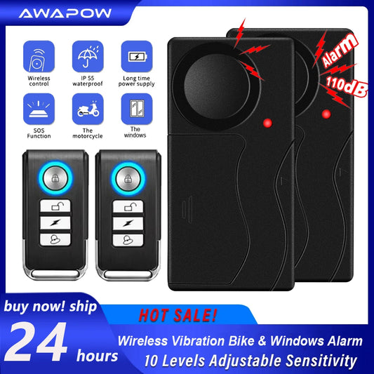 Awapow Wireless Vibration Bike Alarm With Remote Control Anti-Theft Alarm 110dB Loud Bike Door Window Alarm Home Safety System