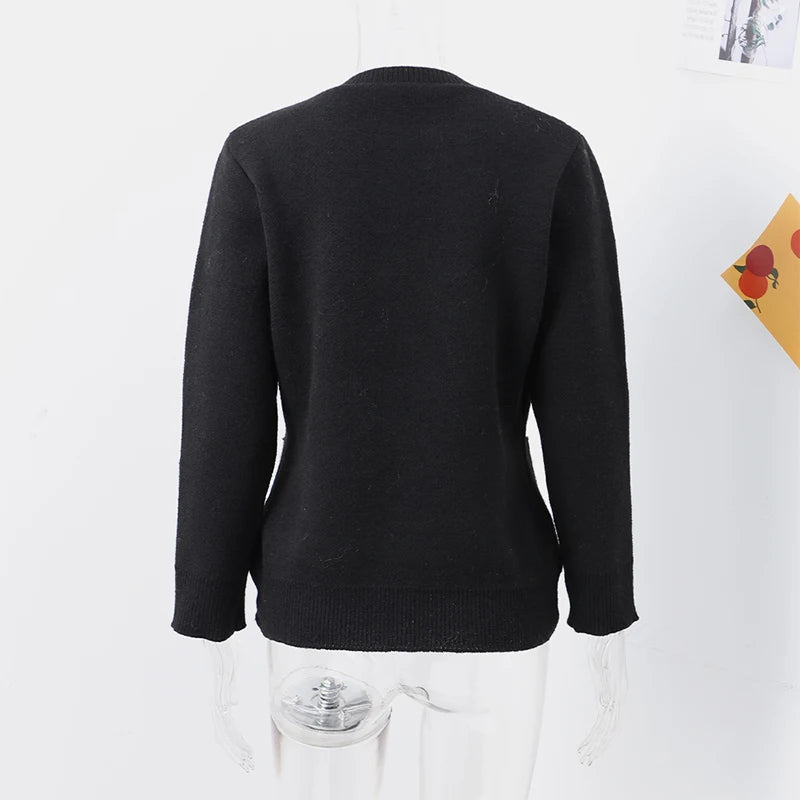 Casual Knit Single Breasted Cardigan Women Long Flare Sleeve Slim Round Neck Solid Pocket Jacket Top 2024 Autumn Lady Knitwear ﻿