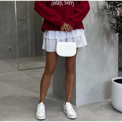 Elegant White Ruffled High Waist Mini Skirt For Women Fashion Casual Pleated Fluffy A-line Skirts Summer Lady Party Casual Skirt