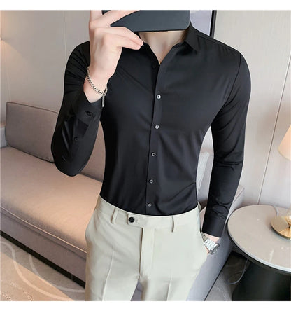 Plus Size 4XL-M High Elasticity Seamless Shirts Men Long Sleeve Top Quality Slim Casual Luxury Shirt Social Formal Dress Shirts