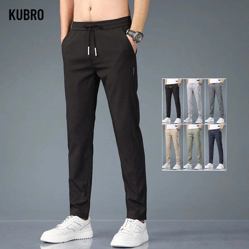 KUBRO Ice Silk Men's Pants 2023 Summer  Black Gray Thin Business Casual Pants Outdoor Elastic Breathable Straight Leg Sweatpants