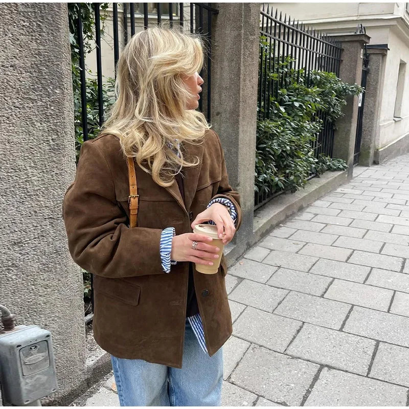 Casual Brown Lapel Pocket Suede Leather Jacket Fashion Woman Single Button Long Sleeve Crop Coat 2024 Lady Autumn Street Outwear