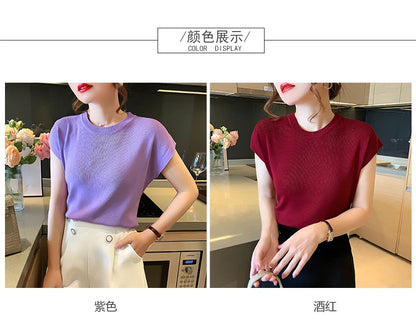 2024 Summer Womens Sweater Short Sleeve O-neck Slim Fit Knitted Pullovers Bottoming Casual Knitwear Pink Clothes