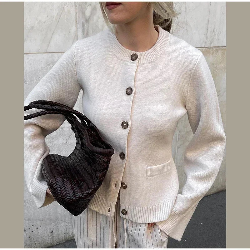 Casual Knit Single Breasted Cardigan Women Long Flare Sleeve Slim Round Neck Solid Pocket Jacket Top 2024 Autumn Lady Knitwear ﻿