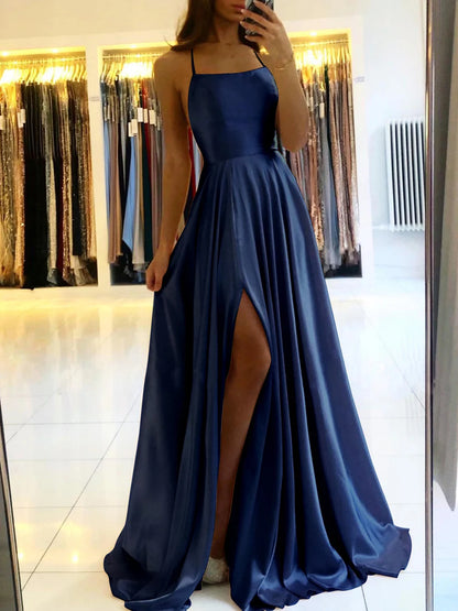 2024 Simple Spaghetti Straps Sexy Slit Ladies Blue A-line Long Satin Evening Dresses For Women Wedding Prom Party Gowns Vestidos